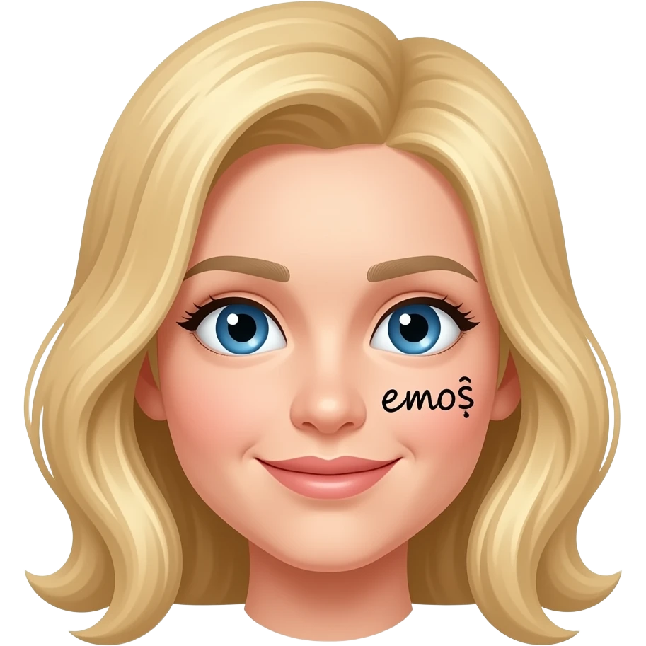 Sarı saçlı mavi gözlü üstünde emoş yazan bir yüz emoji