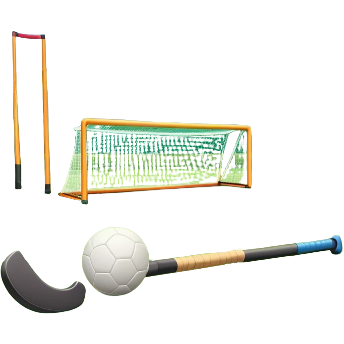 A field hockey stick and ball resting on a well-maintained green grass field, with the goalposts and markings visible in the background. The scene highlights the precision and focus of the sport, with the vibrant green pitch creating a dynamic atmosphere. emoji
