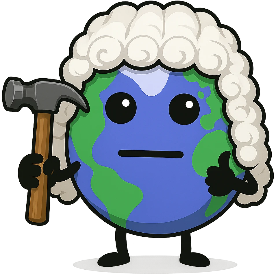 Enhance the hammer to be more detailed and realistic while maintaining the overall cartoonish style. Add a classic white judge's wig onto the character's head. Keep the background transparent. emoji