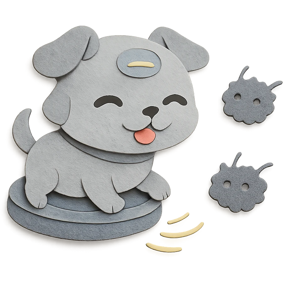 chibi vacuum robot-puppy hybrid spinning and chasing dust bunnies, soft grey pastel, full-body emoji