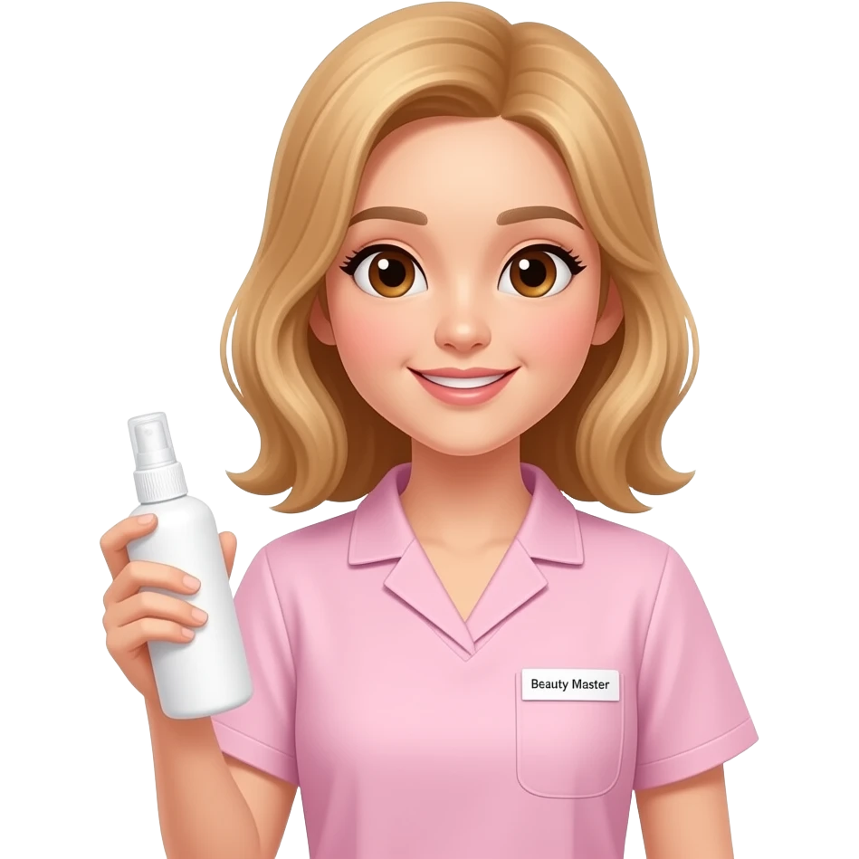 IOS emoji: asian, pretty fair-haired girl in pastel pink scrubs, slight smile, brown eyes, holding middle white spray bottle without arts, name tag "Beauty Master". Pastel colors, clean vector, white background --ar 1:1 emoji