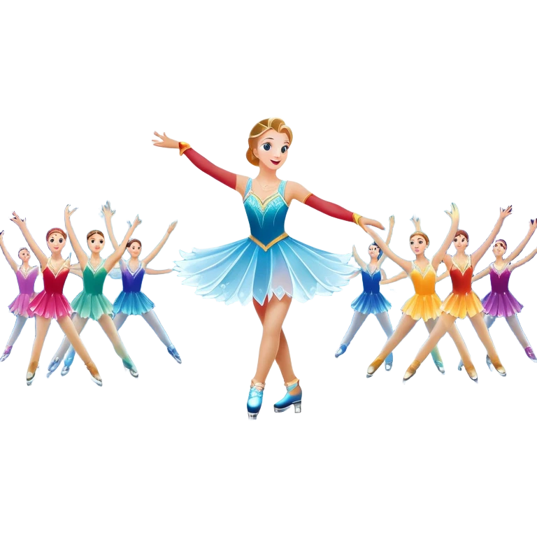 An icon of a theatrical ice show with close-up costumed figure skaters performing a dramatic scene on a glowing ice stage. Spotlights, colorful scenery, and a cheering audience in a grand arena convey the magic and artistry of the ice performance. Transparent background included. emoji