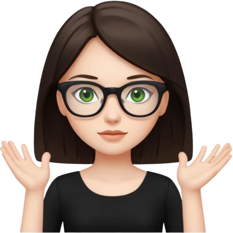 a cute white brunette girl with green eyes in a black dress wearing glasses  with two hands  emoji