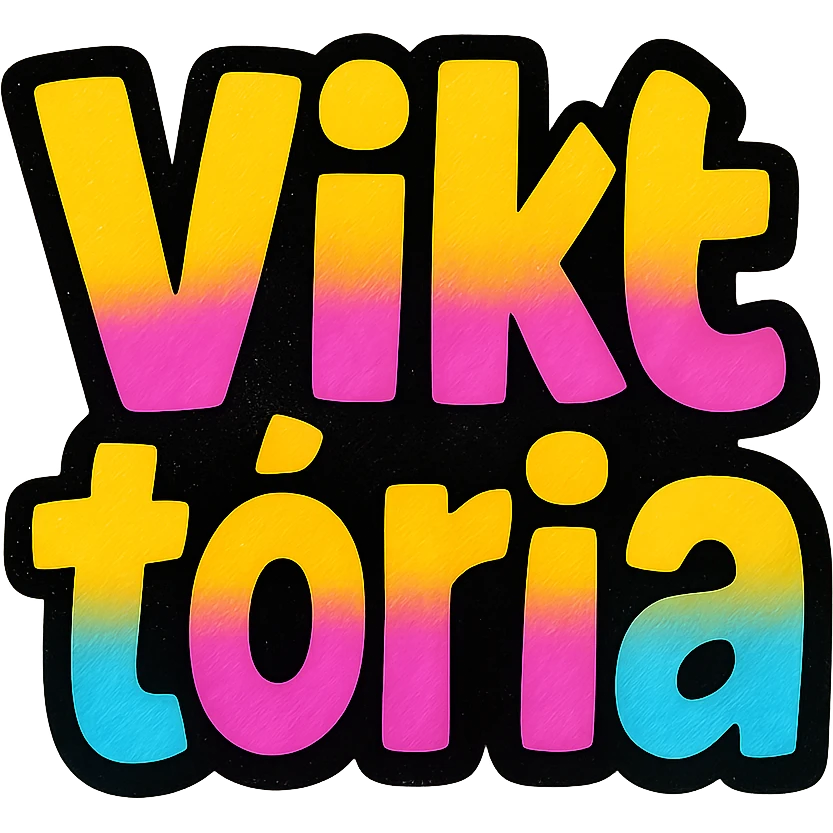 Viktória name in modern colorful gradient font with dark outline, transparent background, in the style of sample images emoji