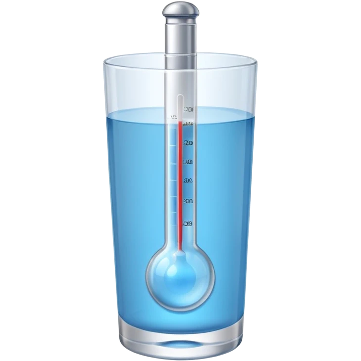 At a 45-degree angle backward and slightly to the right, the thermometer in a glass of water should be gray, like a mercury thermometer, and show 50+>C in 3D format. The water should also be blue. emoji