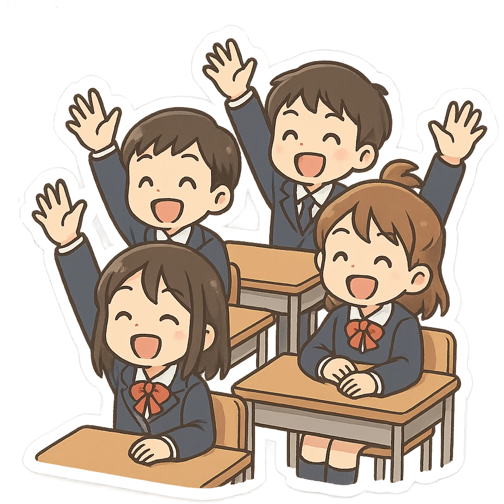 group of students in school uniforms, both genders, enthusiastically raising hands in class, lively and interactive environment, chibi sticker style emoji