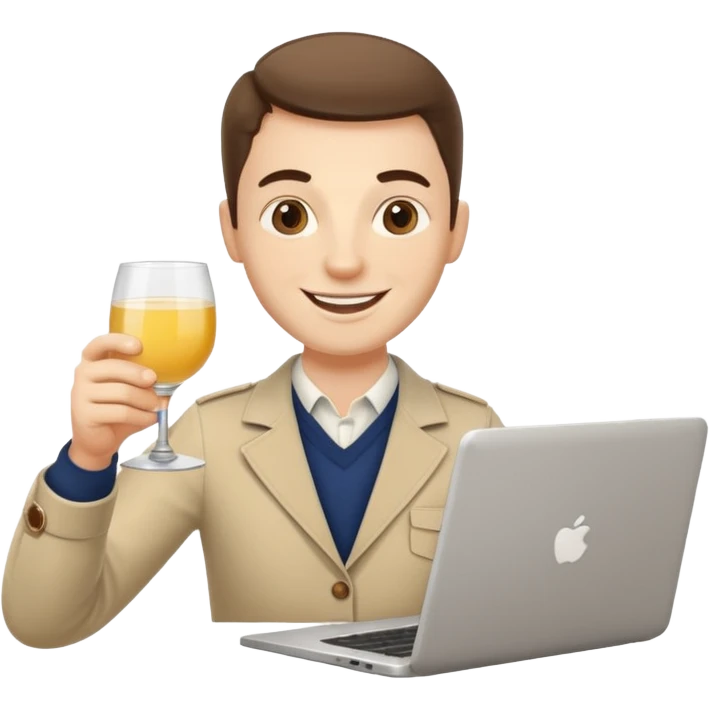 A friendly freelance character (male or neutral) working on a laptop while holding a glass of pastis/ricard (yellow drink with ice and lemon). The character should have a simple smiling face (no glasses), and should look energetic and creative. emoji