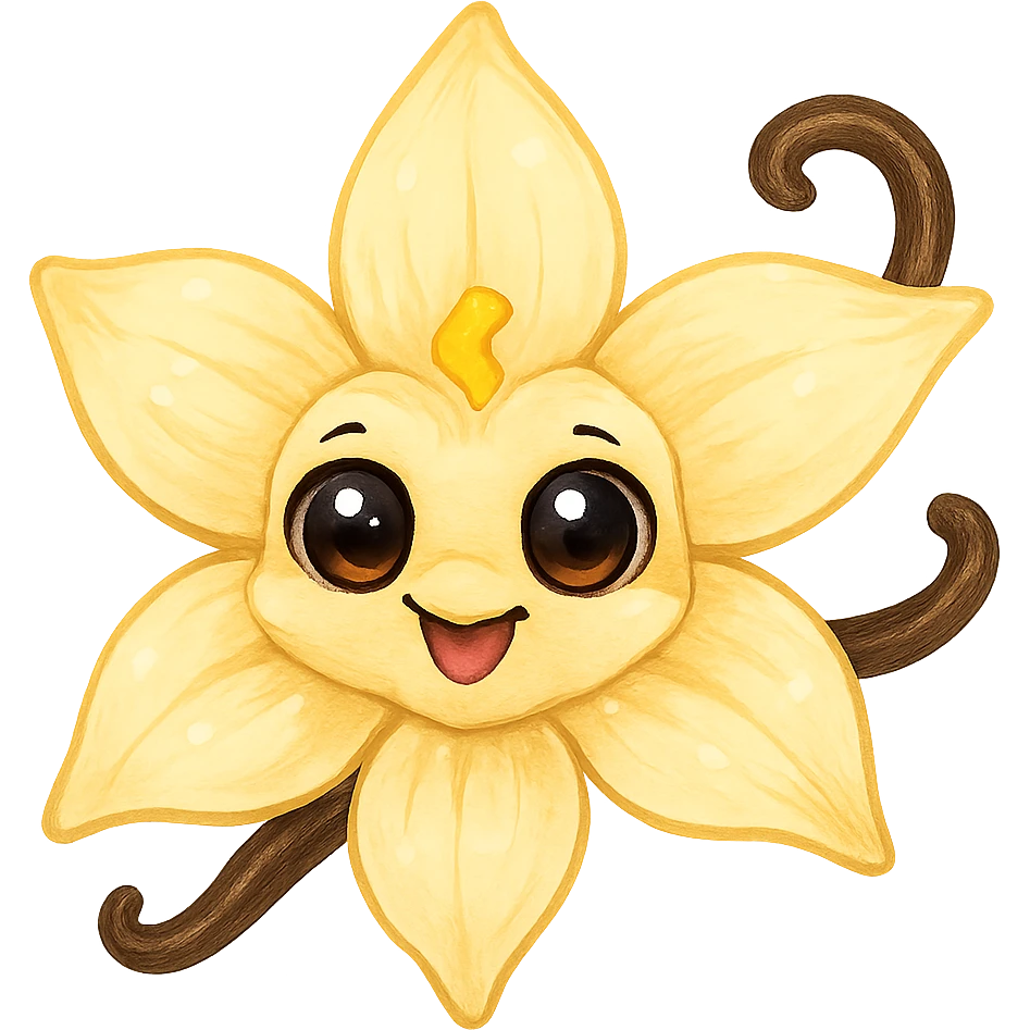 stylized vanilla flower with shiny doe eyes, joyful atmosphere, white background emoji