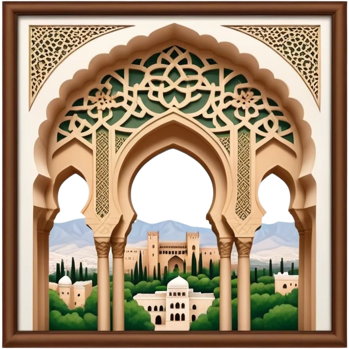 Realistic Alhambra de Granada Landmark Emoji, showcasing the Moorish palace’s intricate arches, geometric patterns, and historic fortress walls. emoji