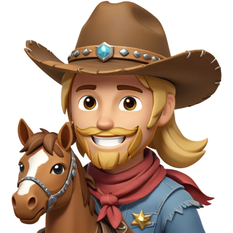 clash-of-clans-aesthetic_-cinematic-playful-cowboy-portrait-emoji, head-tilted with a roguish, cheeky grin and twinkling eyes, featuring a rugged, spirited build with a wide-brimmed cowboy hat and a weathered bandana on tan skin, riding a powerful galloping horse with dynamic flowing mane, reins gripped firmly in one hand and a lasso in the other, as dust swirls behind them in a vast desert landscape. emoji