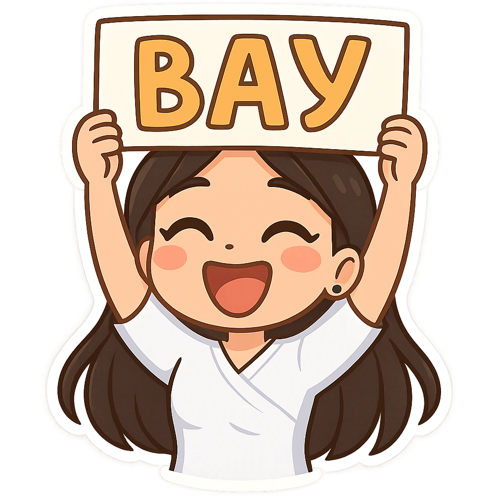 3D chibi bitmoji style sticker of the girl from the reference image, with long dark hair and wearing a white medical top, holding a sign above her head that says 'ВАУ', with a very happy and surprised face, with a white outline and transparent background. emoji