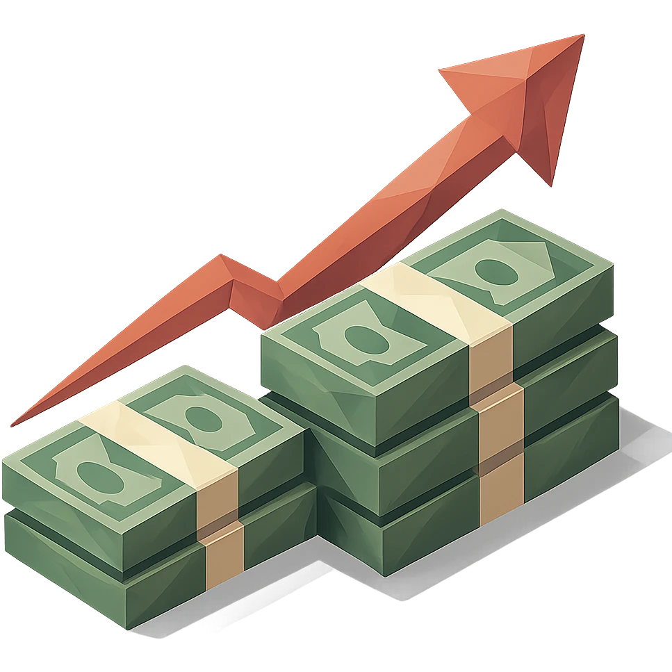 upward trending arrow beside three stacks of bundled dollar bills in ascending height emoji