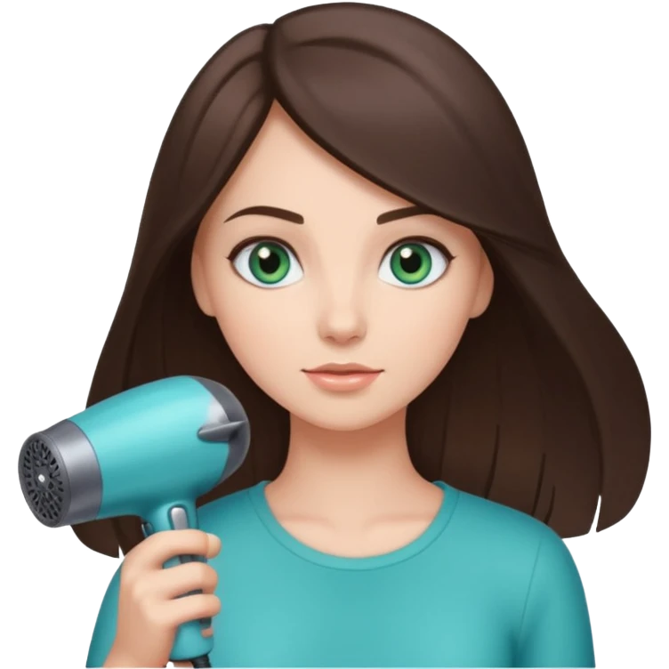brunette bob girl hair stylist with blue green eyes holding a hair dryer emoji