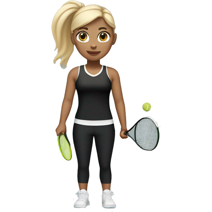 full length blonde girl with straight hair while playing tennis in black top and black leggings, I need a racket and balls  emoji