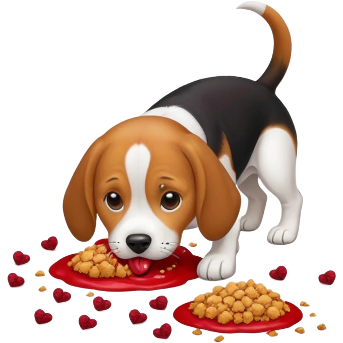 beagle eats red food scattered on the floor emoji