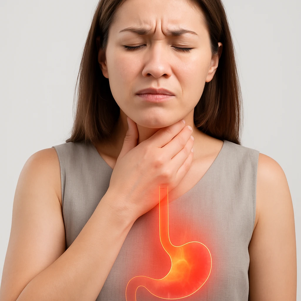 Realistic medical style image of a woman identical to the reference photo, showing symptoms of gastroesophageal reflux: hand on throat, expression of discomfort, with a glowing or reddish effect rising from the stomach to the esophagus and throat. emoji