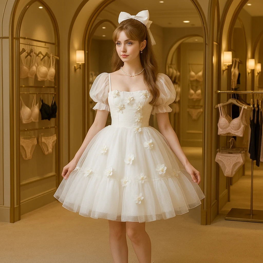 A fair-skinned girl with long hair in a princess hairstyle, bow accessory, half-draped, dressed in a white puffy tulle Lolita dress with puff sleeves and tube top, multi-layer tulle skirt, flower decorations, pearl jewelry, white lace-up high heels, in a luxurious lingerie store with golden arches and soft lighting, 8k, high definition, full body, long shot, 1:1 ratio, different angle. emoji