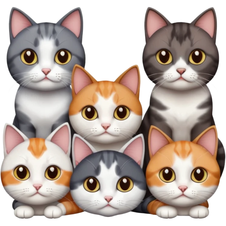 4 different coloured short haired cats including; a dark brown and white cat, and a dark grey and white, and a calico emoji
