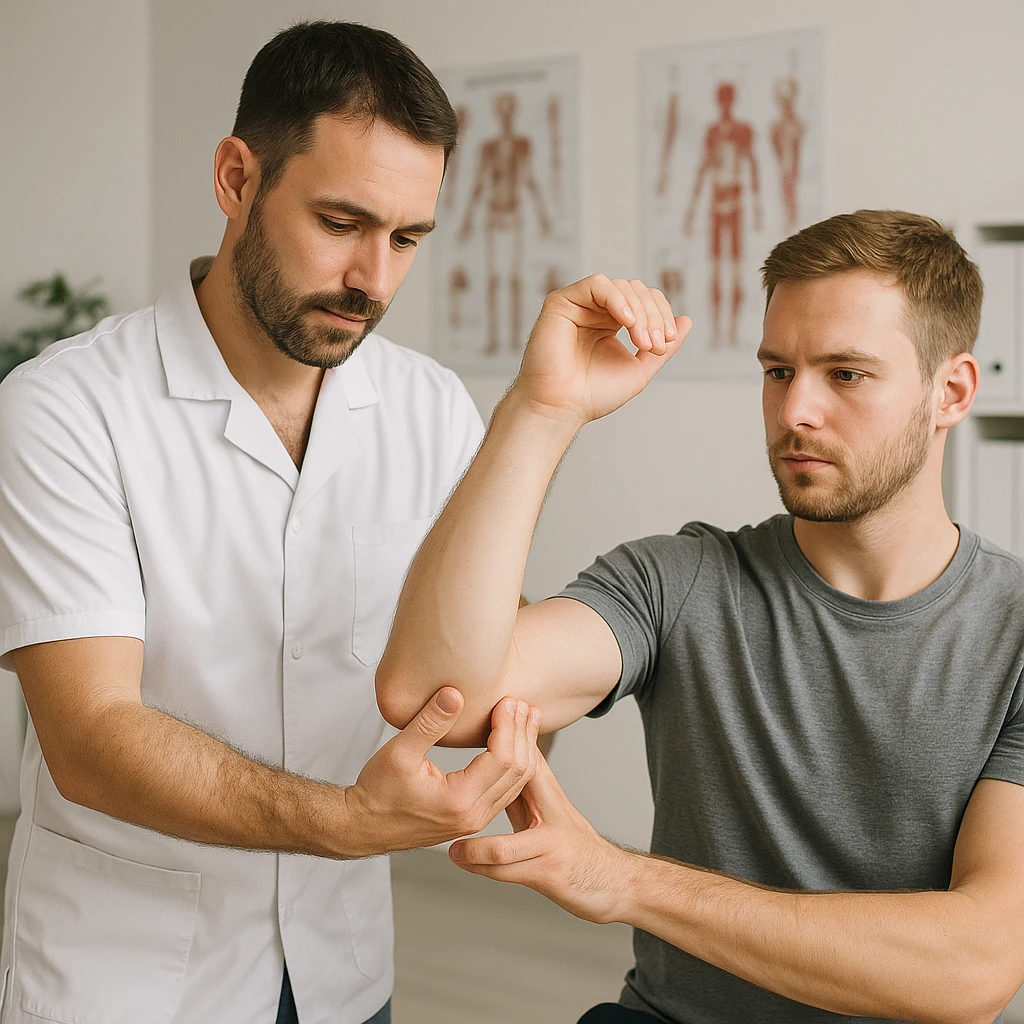realistic kinesiologist evaluating joint mobility of a patient in a clinical environment, realistic details, inspired by reference photo https://attic.sh/r66tucayi7ewfjges2vhulor9bux emoji