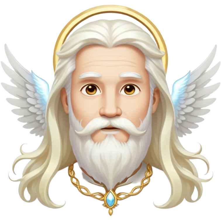 God-like figure with majestic white wings, long flowing white hair, beard and mustache, wearing gold dangle earrings, glowing aura emoji