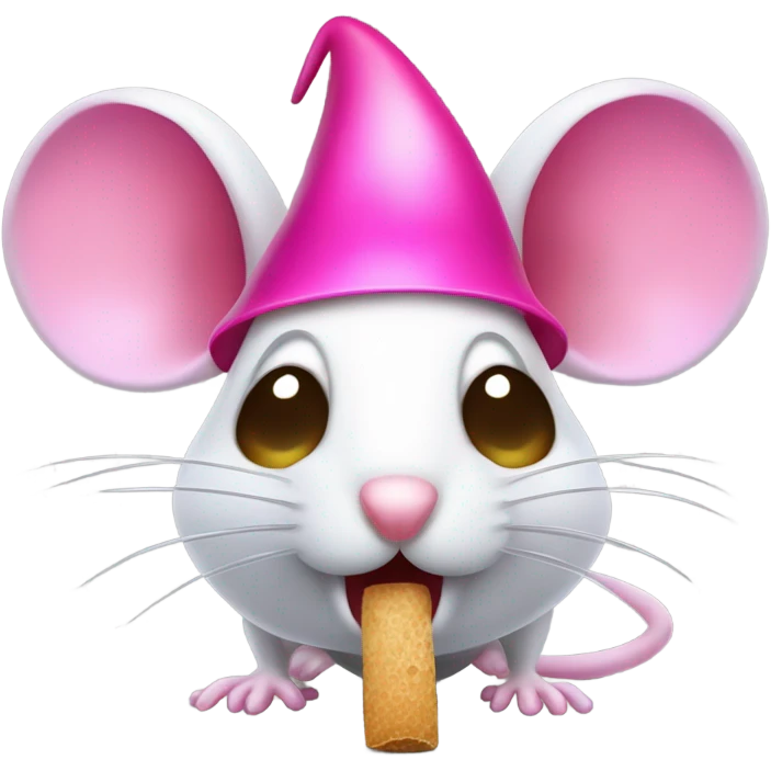 A mouse with full hot pink hair is holding a mushroom by the stem and looking down at it while opening his mouth widely to try to eat the entire cap in one bite. He has long eyelashes too emoji