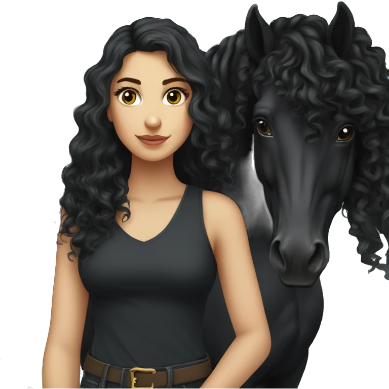 White girl, black shirt, long black curly hair, standing next to  black arabian horse emoji