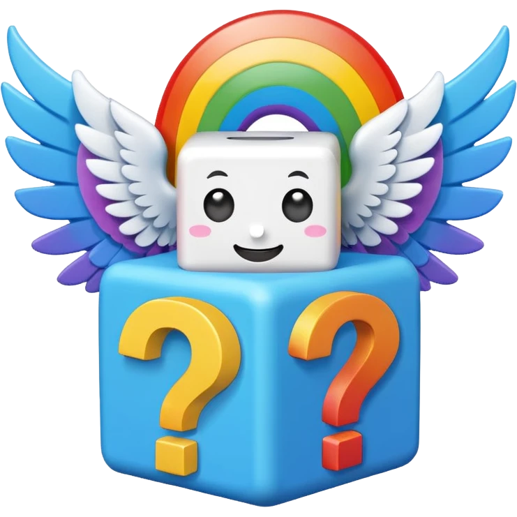  mainly blue and rainbow, the blue being the block itself. The rainbow parts are question marks, corner and smile. It has 2 white wings on each side like the other Lucky Blocks. emoji