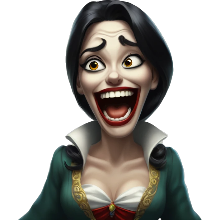 Laughing Jasmine vampire lunatic in Uncle Scrooge style, oil paint, mysterious eyes, intricate lips, masterpiece pose, odd perspective, beautiful, desirable, logical emoji