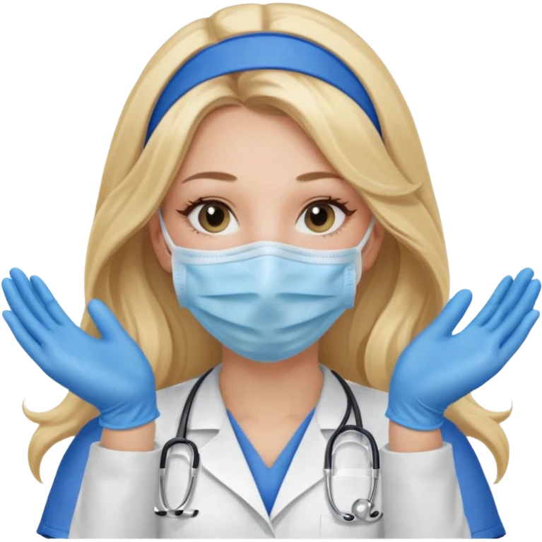 enfermera rubia con pelo largo, con mascarilla y guantes azules que aperezcan las dos manos, como las primeras imagenes que enviaste emoji