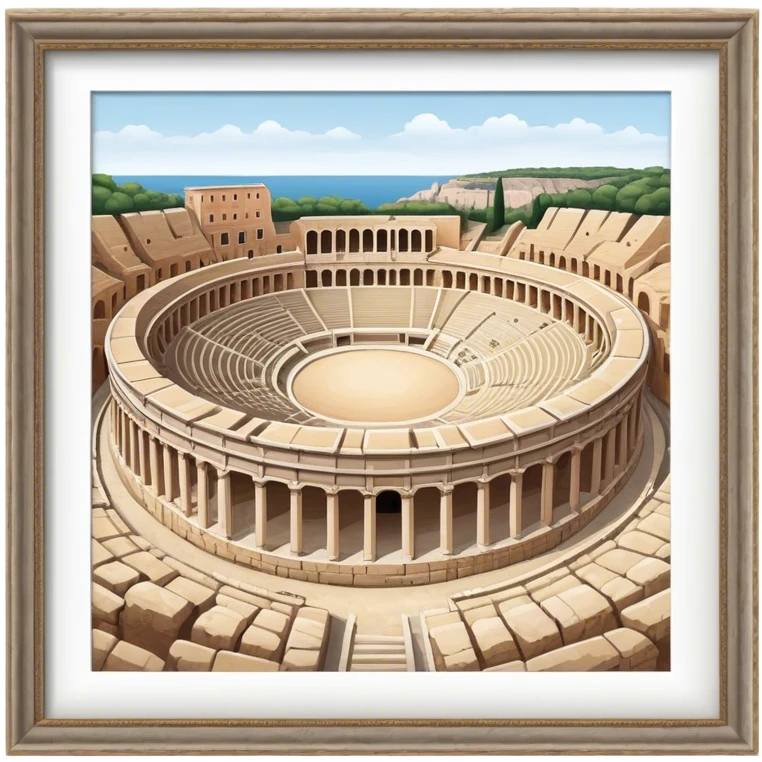 Cinematic Realistic Pula Arena Landmark Emoji, showcasing the ancient Roman amphitheater rendered with detailed weathered stone textures and dramatic lighting. emoji