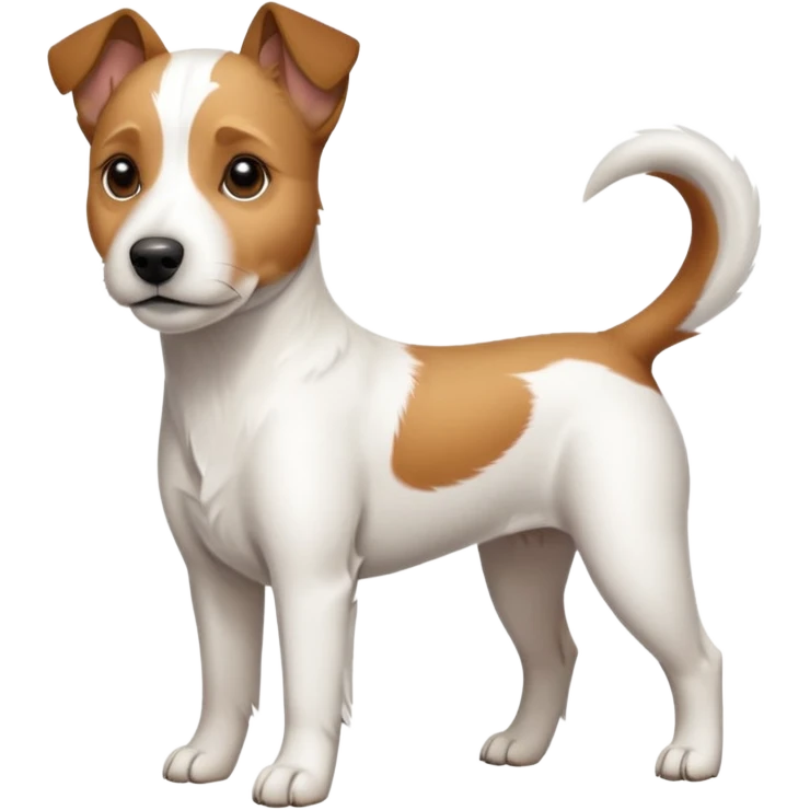 a full body slightly chubby white parson russell terrier looking dog the size of a kelpie with light brown long ears and a light brown patch on one eye and a large snout. the rest of the dog is completely white emoji