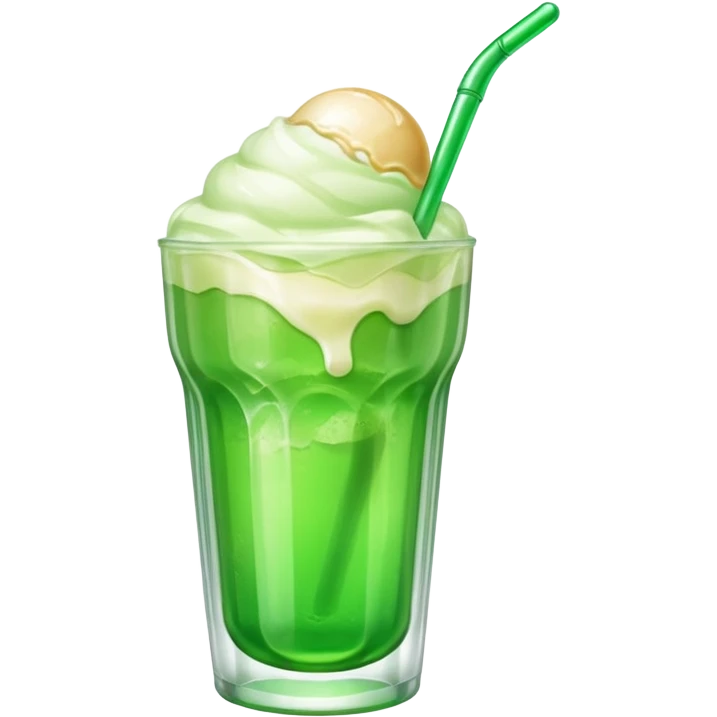 Create an emoji with a clear rounded glass, bright transparent green soda, vanilla ice cream scoop
 emoji
