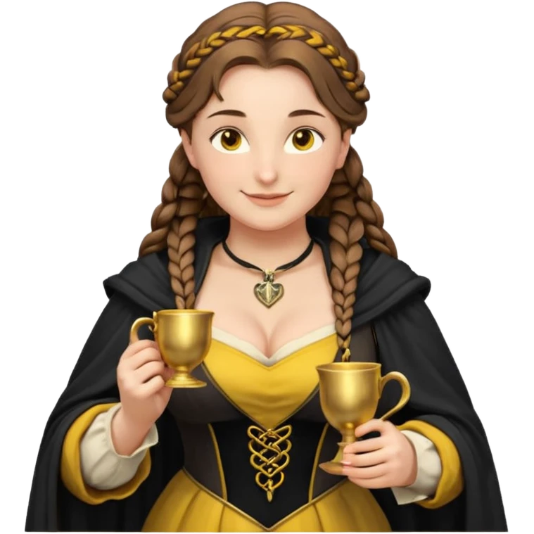 Helga Hufflepuff, brown-haired, 2 thick brown braids, yellow-black medieval dress, deep neckline, black cloak decorated with gold braiding, only one tiny two-handled shiny yellow-gold cup, very kind smile, curvy busty sweet woman, macromastia, thick round rosy cheeks emoji