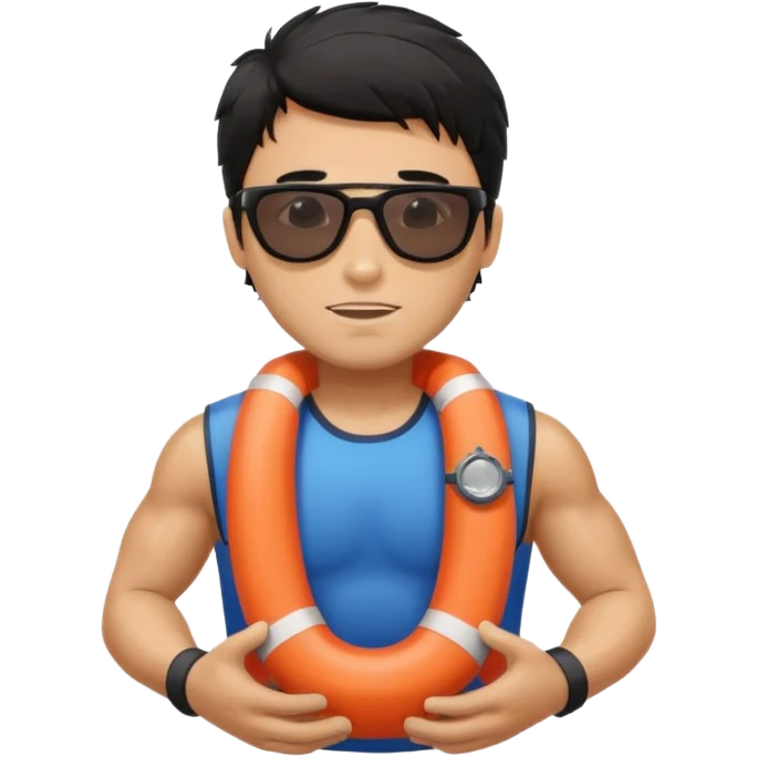 Dark Tan Muscular lifeguard with messy black hair with sunglasses, with life preserver emoji