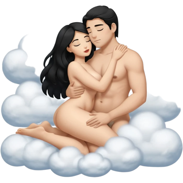 Девушка и мужчина голые лежат, на облаках в обнимку, она большие сиски, большая жопа, черные волосы. Он средного телосложения, волосы короткие. Они голые целуется. Видны все тело. Оба средного телосложения  emoji