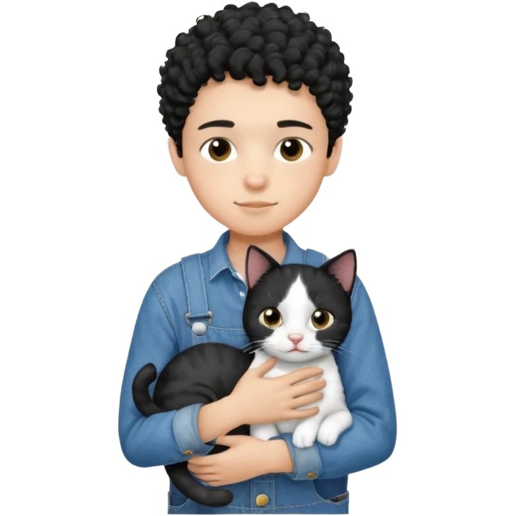 Apple emoji of a 13 year old boy with short black curly hair and dark brown eyes of light skin with denim shirt and overalls hugging a black and white cat emoji