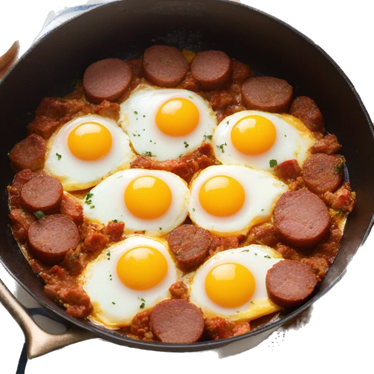 Sunny side up eggs with Turkish spicy sausage in a copper pan emoji