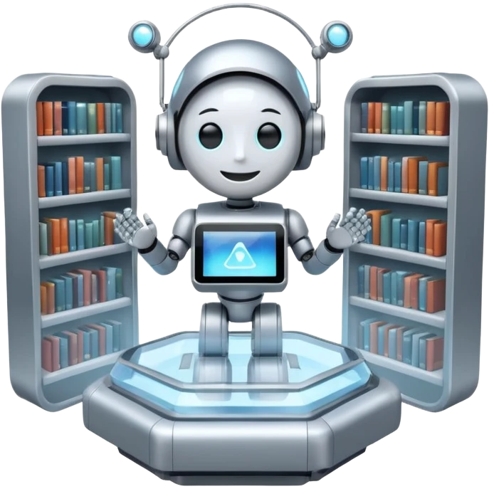 “A futuristic library floating in the clouds, filled with glowing books and holographic screens, with a friendly robot librarian.” emoji