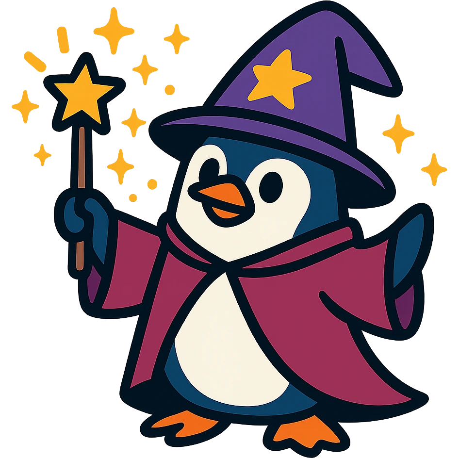 vibrant toon style penguin wizard with sparkles and magical effects emoji