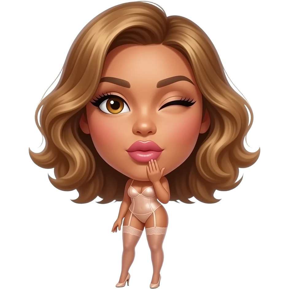 glamours,-tanned,-very-beautiful-woman-with-big-plump-rose-beige-lips,-long-lashes,-honey-silky-very short- hair,-wavy-hair,-hazel-eyes-wearing-nude-latex-lingerie-nude-stilettos-Looks-sexy-winking-blowing-kiss-from-hand-full-body emoji