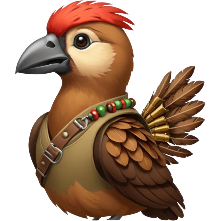 A bird bombadier, bandolier of grenades, side profile, forest critter emoji