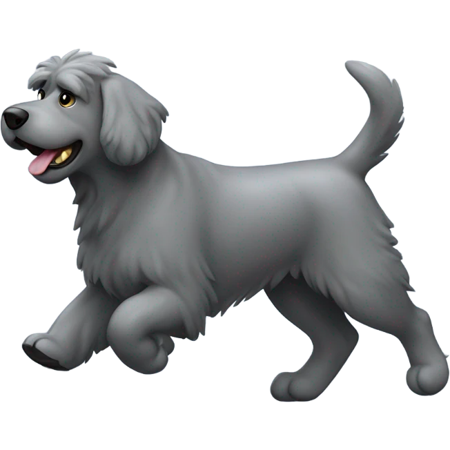 Gray Bouvier des Flanders with a docked tail and cropped ears running toward me emoji
