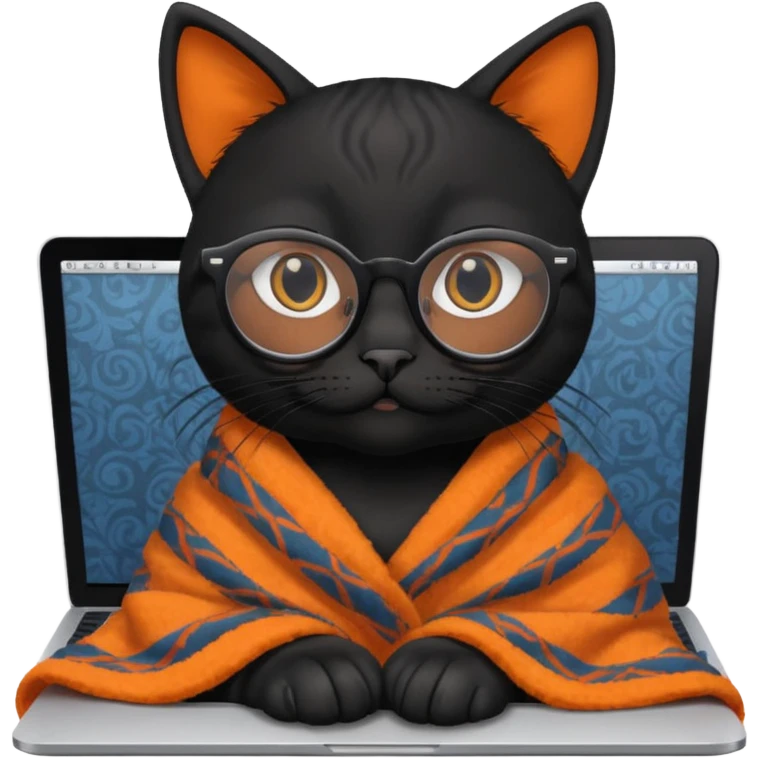 A black female cat working on a MacBook, with long, black straight lashes, round glasses and she wears a blanket with an orange pattern emoji