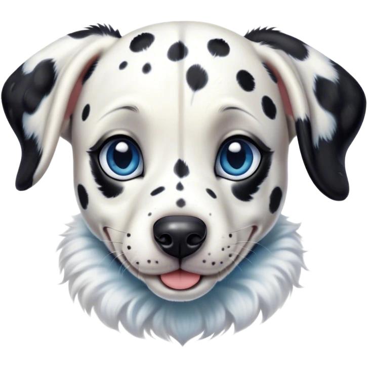 Cinematic Cute Harlequin Dalmatian Portrait Emoji, Head tilted playfully and inquisitively, featuring a glossy Fur of predominantly white with dynamic black patches, round, sparkling blue eyes filled with gentle curiosity, Simplified yet irresistibly adorable features, highly detailed, glowing with a warm, friendly glow, high shine, affectionate and gentle, stylized with a touch of whimsy, bright and endearing, soft glowing outline, capturing the essence of a mischievous yet loving pup, so playful it feels like it could lumber out of the screen and into your arms! emoji