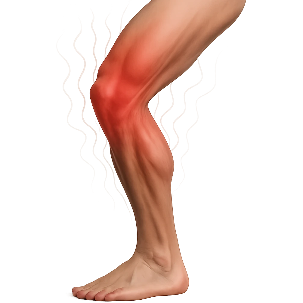 realistic human leg with overload showing visual heat effect with red waves, tense muscles, isolated on white background emoji