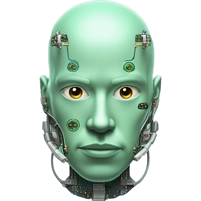 Pastel green bald male cyborg head with goatee and circuitry emoji