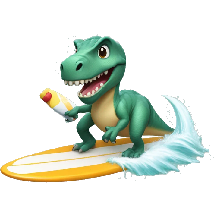 dinosaur riding a surfing board drinking boba emoji