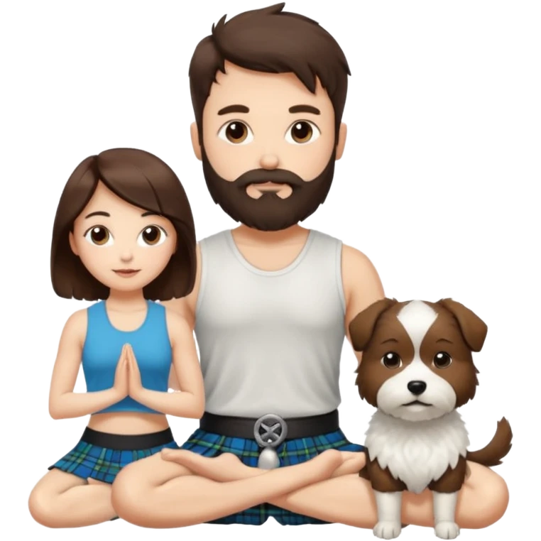 emoji of brunette man with beard wearing kilt, brunette woman in yoga outfit and one white fluffy dog emoji
