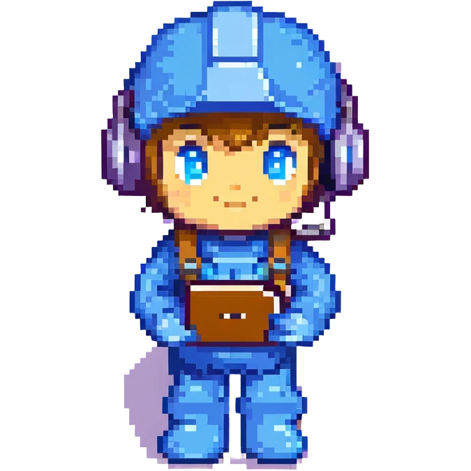 8-bit pixel art icon of a recruiter Mega Man style with a headset holding a pen and notepad ready to interview emoji
