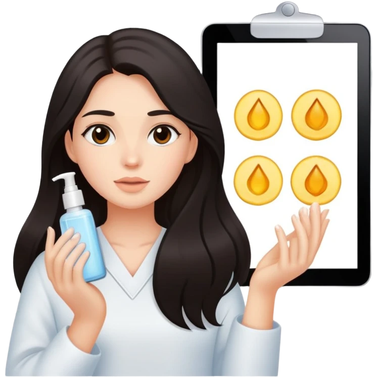 Girl with dark long hair doing skincare emoji